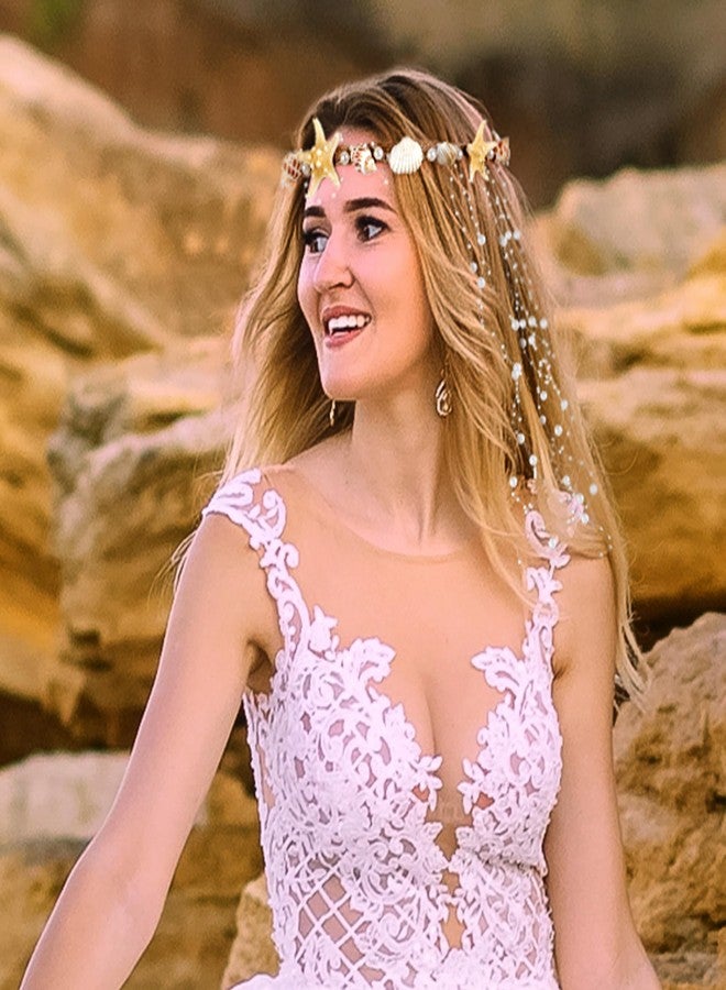 تاج حورية البحر من الأصداف من بارتي فور يو - طوق رأس مصنوع يدويًا على شكل نجم البحر، تاج من الأصداف مع لآلئ، إكسسوار حورية البحر لحفلات الزفاف على الشاطئ، العروس، وصيفات العروس، وحفلات توديع العزوبية - Image 2